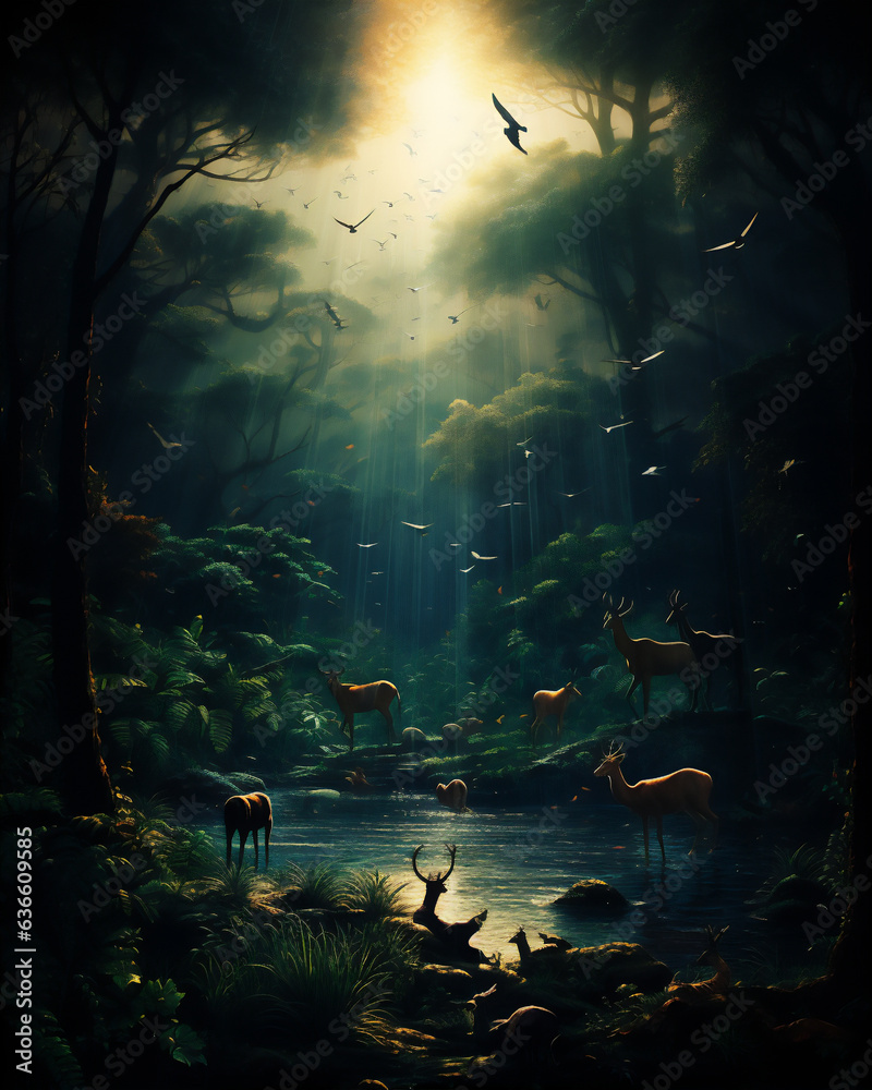 Obraz premium deep rain forest with silhouette of various animals, hyper realistic, dramatic light, Create using generative AI tool.