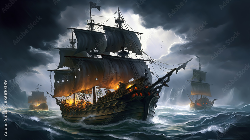 Sailing ship in stormy sea.