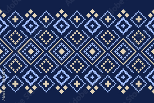Indigo navy blue geometric traditional ethnic pattern Ikat seamless pattern border abstract design for fabric print cloth dress carpet curtains and sarong Aztec African Indian Indonesian 