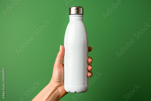 Woman Hand Holding White Metal Reusable Water Bottle. Design Template of Packaging Mockup. Front View. Generative AI.