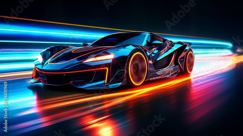 Sport car with neon lights on race track