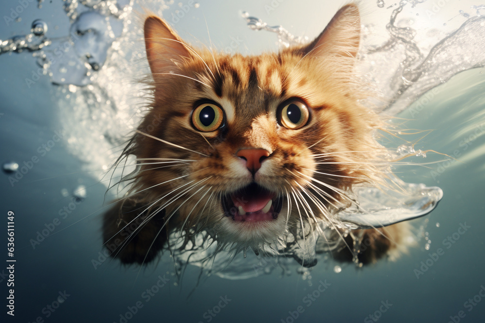 The cat jumps into the water and swims with nice splashes.