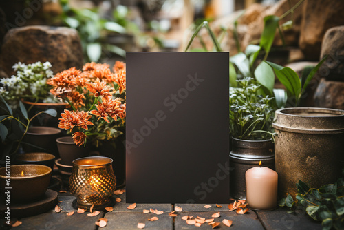 Black copy space board with flower and candles on concrete tiles - Spa and welness concept - Zen garden -  Generative AI.