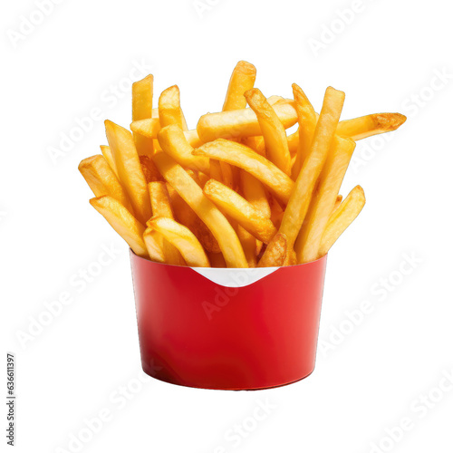 Appetizing french fries in a package on a white transparent background, png