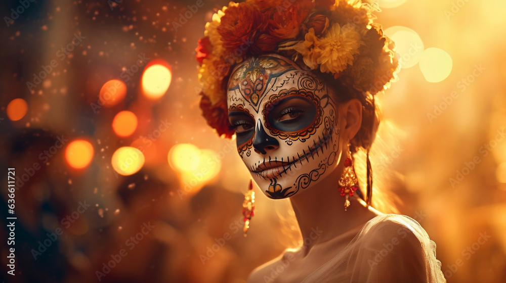 Day of the dead parade in Mexico city Halloween, Day of the dead bodypaint portrait. Calavera Catrina. Generative AI. 