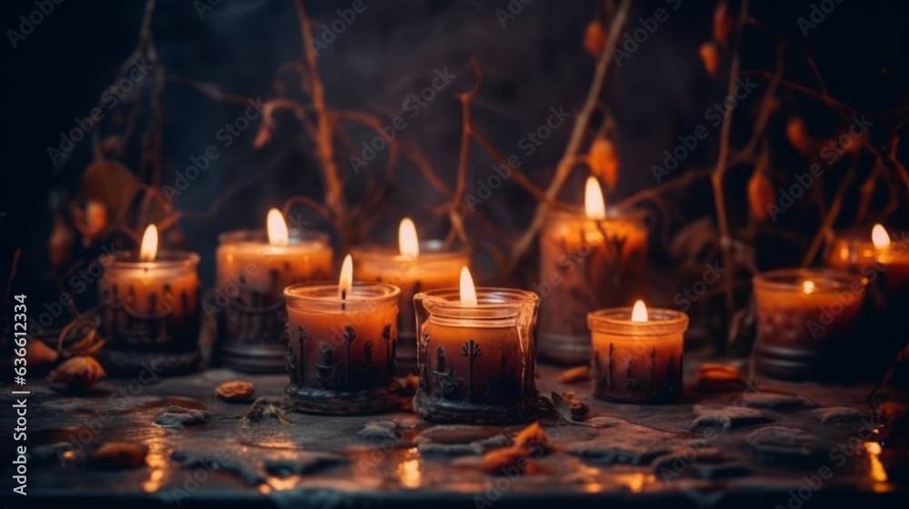 Candles standing in a dark spooky place. Dirty candlestick with old candles standing on a table on a dark background. Dusty Halloween candles standing in a big candlestick and burning in the night.