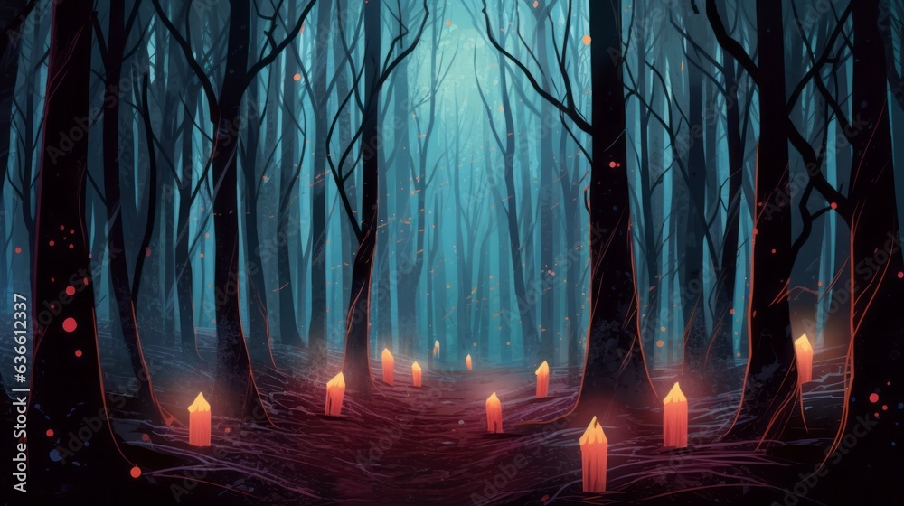 Illustration of lots of candles standing in a spooky dark forest and ...