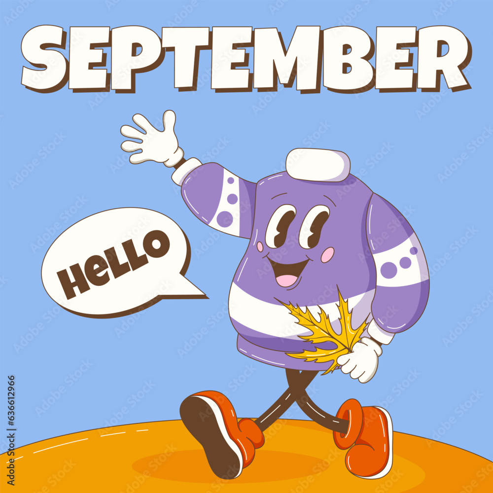Fototapeta premium Hello September. Retro groovy sweater character greets and holding a maple leaf. Autumn, fall background, square format, dialog box. Vector cartoon illustration.