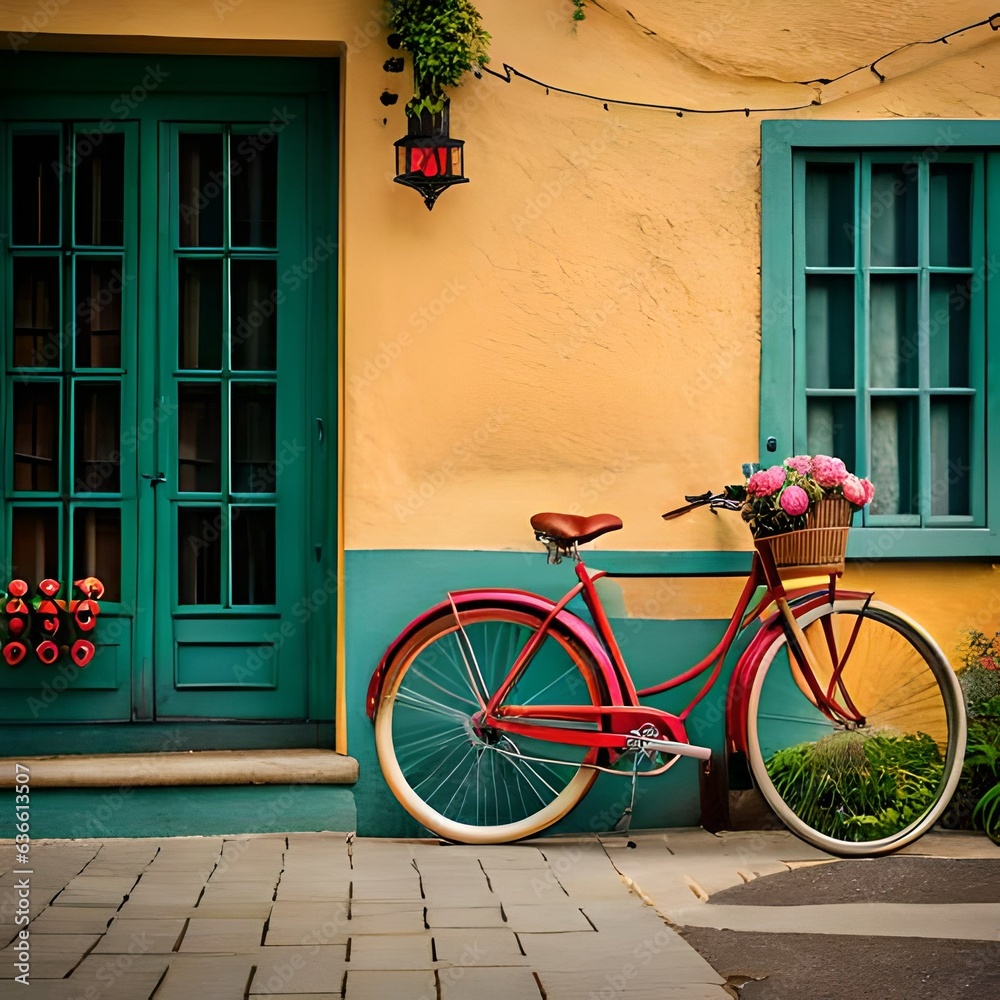 Editorial Photography, a vintage wall adorned with time's artistry, a colorful bicycle gracefully holding a woven basket brimming with a kaleidoscope of fresh flowers. 