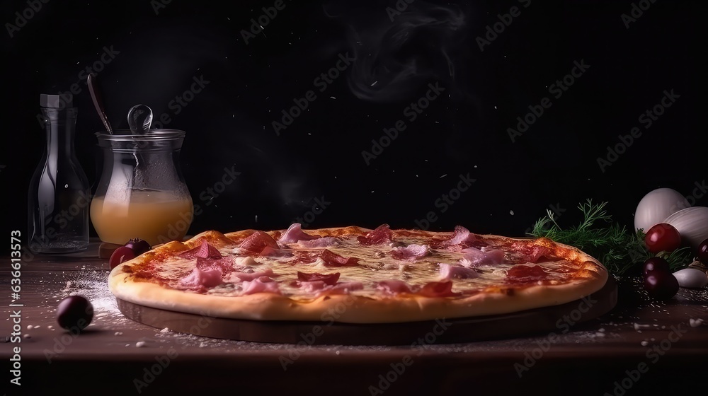 Delicious pizza with mozzarella, tomatoes, 