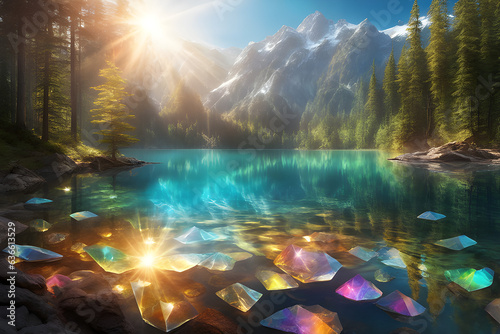 sunset in the mountains , beautiful stones in the lake in the forest with mountains in background , Generative Ai