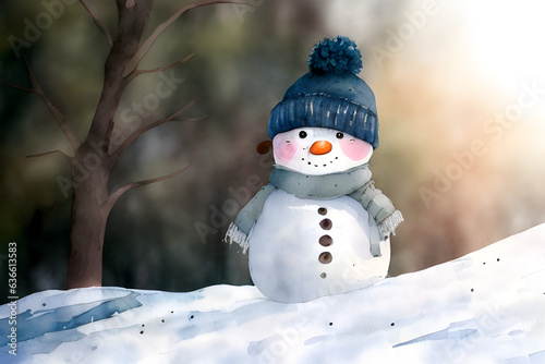 Captivating Smiling Snowman With Beanie Hat And Scarf in Snowy Winter Wonderland On Snowy Slope: Discover the Magic of the Season Cute Watercolor Style Illustration Generative Ai © Kevin S.