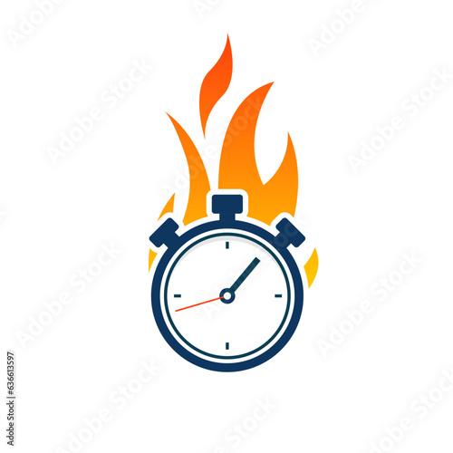 Clock flame speed time icon. Stopwatch countdown circle logo burn alarm deadline icon.