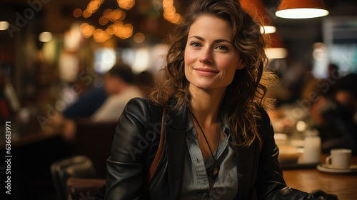 Side angle of a 45 year old businesswoman at coffee shop, ai generated.