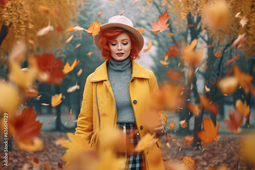 Young beautiful girl with red hair wearing yellow coat and a hat walking surrounded by falling leaves in park. Autumn and fall concept. Generative Ai