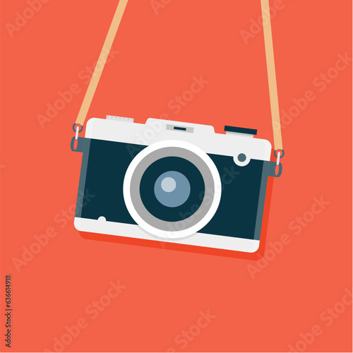 Vector retro camera strap illustration. Vintage photo flat retro camera old isolated icon hipster device. photo