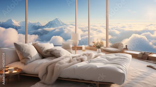 curved minimalist modern cozy small serene hygge bedroom above clouds, ai generated. © Rainbow Kuma