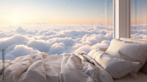 curved minimalist modern cozy small serene hygge bedroom above clouds  ai generated.