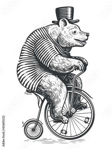 Funny bear rides a retro bike. Circus performance, fair show. Vintage sketch vector illustration engraving style