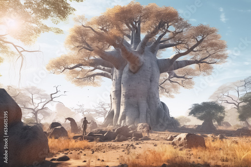 Fototapete African baobabs, national park and savannah, nature, trees and plant, illustration