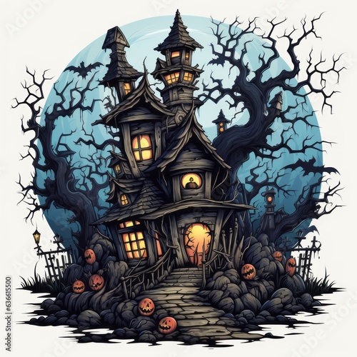 Haunted house on the background of a full moon at deep foggy night with moonlight. Halloween background with bats flying in old forest in the night sky and full moon. Clip art.