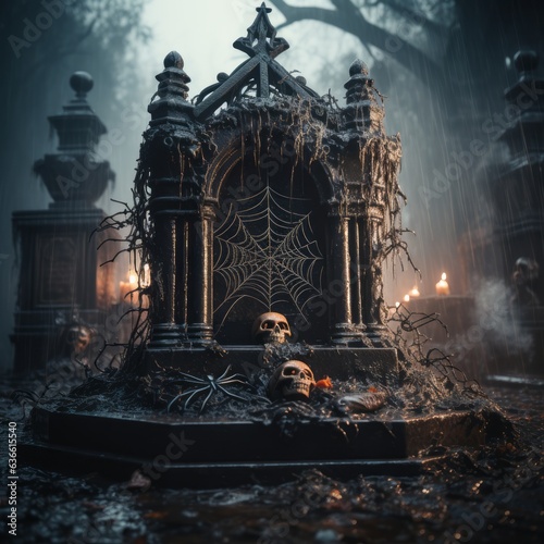 Scary tomb with a skull standing in a spooky environment on a light background. Creepy tomb with a skeleton head and spider webs in an eerie environment.