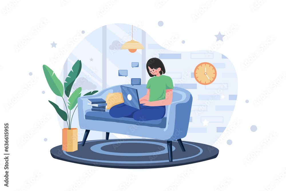 Fototapeta premium Woman Employee Working From Home While Seating On The Couch