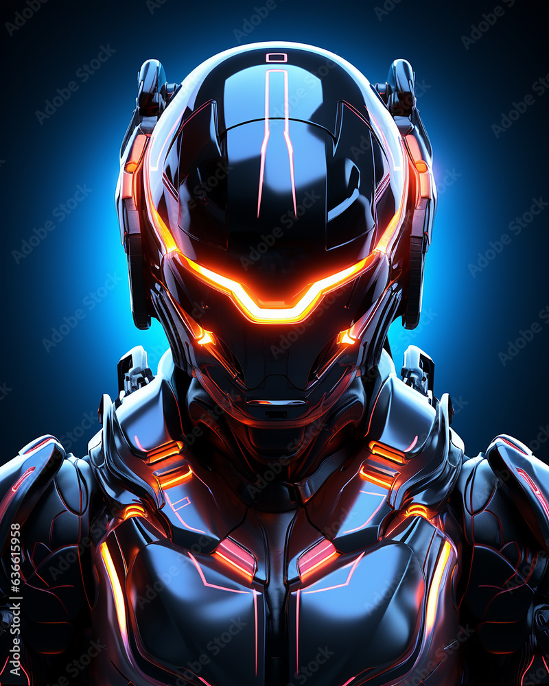 Portrait of cyber man with neon glowing armor and modern helmet with visor. Bionic robot. Cyberspace Augmented Reality, futuristic vision. 3D render on futuristic backdrop. Dystopian vibe.