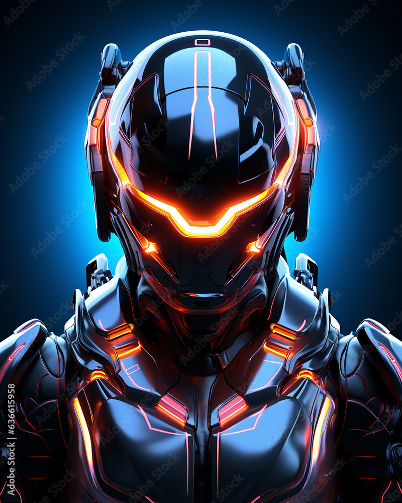 Portrait of cyber man with neon glowing armor and modern helmet with visor. Bionic robot. Cyberspace Augmented Reality, futuristic vision. 3D render on futuristic backdrop. Dystopian vibe. Portrait of cyber man with neon glowing armor and modern helmet with visor. Bionic robot. Cyberspace Augmented Reality, futuristic vision. 3D render on futuristic backdrop. Dystopian vibe.