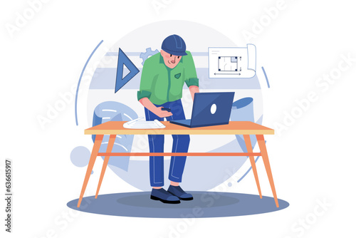 Man contractor working on laptop