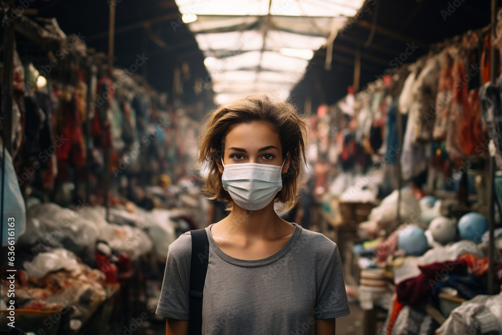In a bustling market, the woman's medical mask becomes a symbol of collective responsibility and community well-being. 