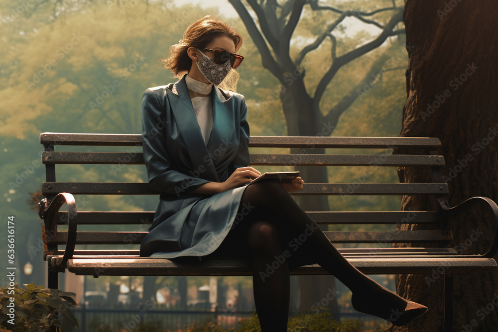 Φωτογραφία On a serene park bench, the woman's eyes exude strength while wearing a medical mask, embodying the balance of caution and leisure