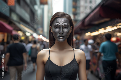 Against a backdrop of empty streets, the woman's mask becomes a symbol of responsible protection in times of uncertainty. 