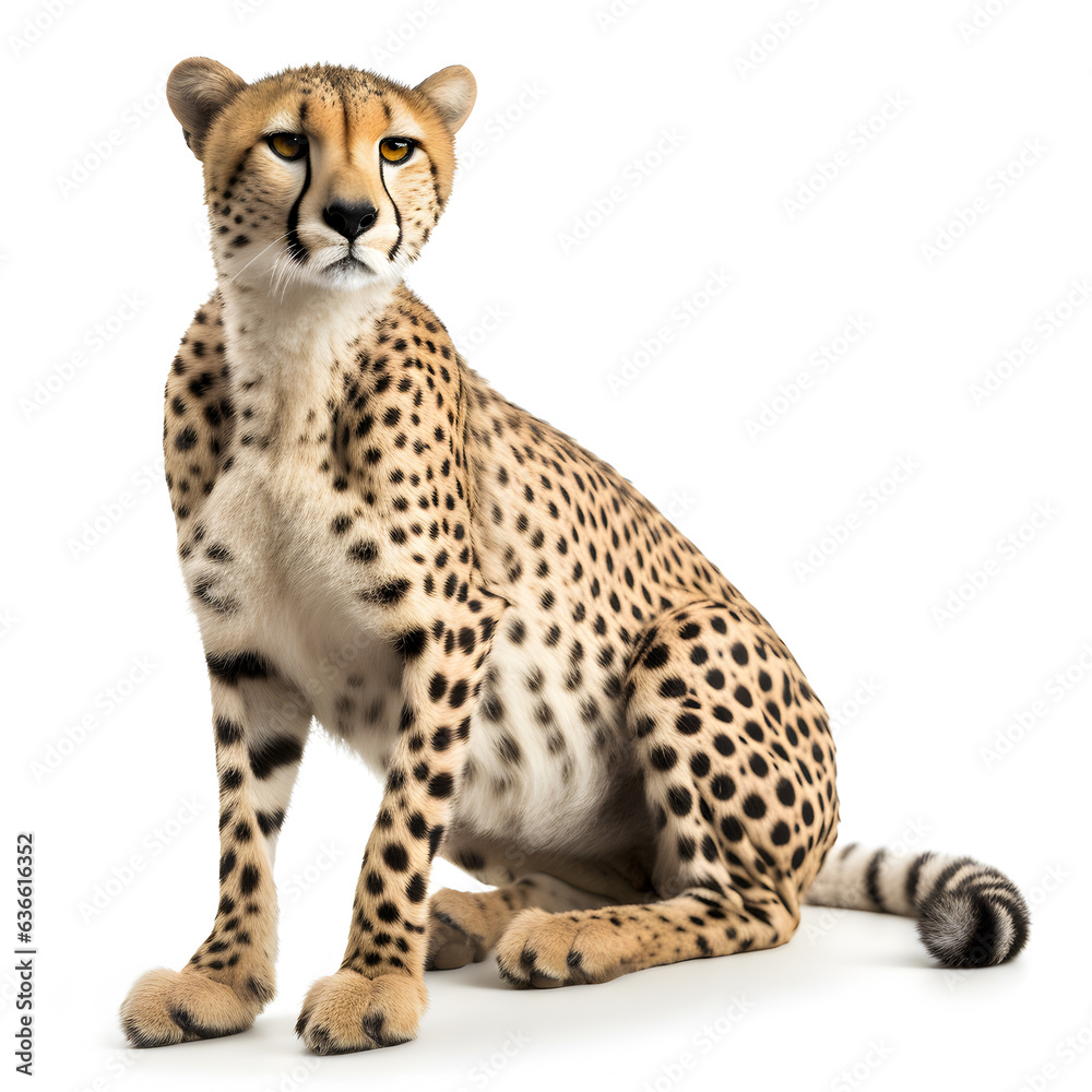 Portrait of leopard, Panthera pardus, sitting in front of white background, studio shot.