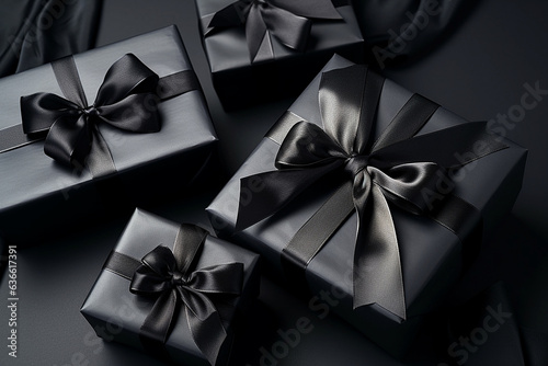 Dark gift boxes with satin ribbon and bows on black background. Holiday gift with copy space. Birthday or Christmas present, flat lay, top view. Christmas giftbox, Black friday concept.