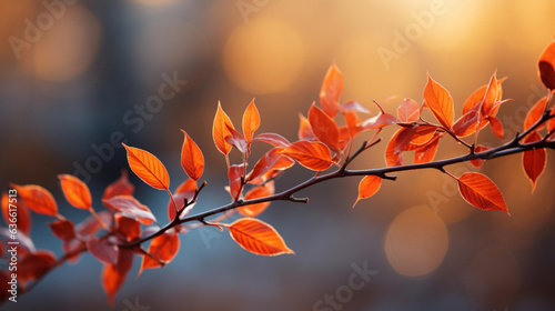 red and orange autumn or fall leaves on a tree branch in the sun
