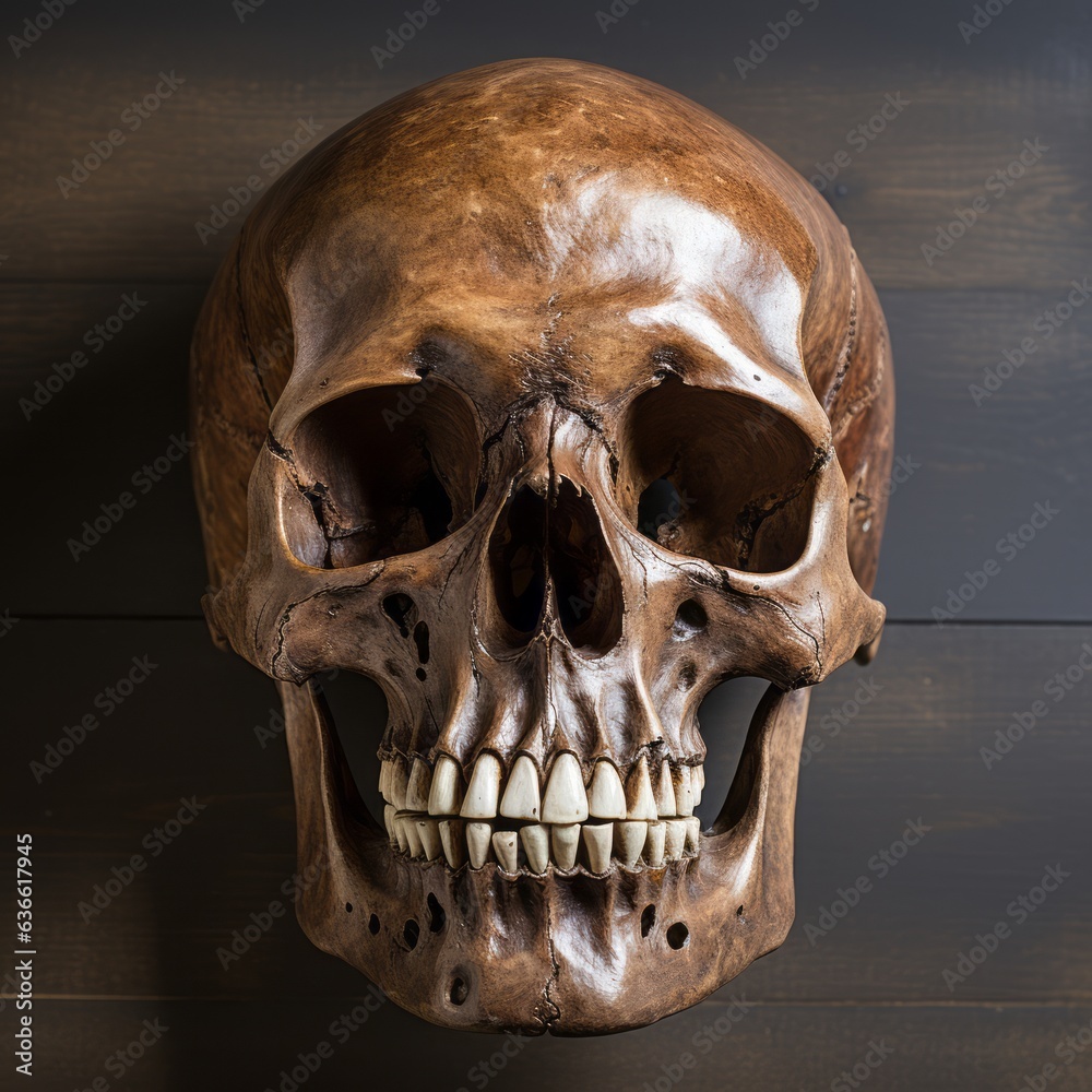 Obraz premium Beautiful ancient skull with old teeth on a dark background. Front view of an old skull with teeth.. Beautiful ancient skeleton head with big teeth looking forward on a dark studio background.