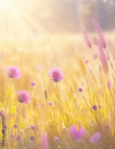 A closeup of a vibrant meadow of flowering grasses, illuminated by the sun's rays, with a soft, abstract, blurred background and plenty of copy space.