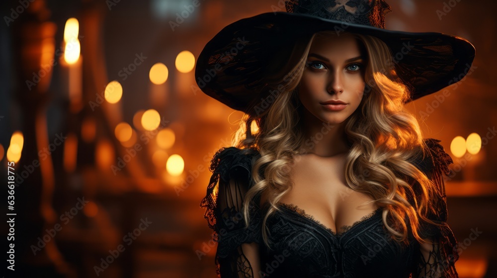 Beautiful hot girl in a sexy witch costume with a witch hat looking at the camera. Portrait of a seductive woman with long hair wearing a hat and a sexy witch suit on a blurred background with candles Beautiful hot girl in a sexy witch costume with a witch hat looking at the camera. Portrait of a seductive woman with long hair wearing a hat and a sexy witch suit on a blurred background with candles
