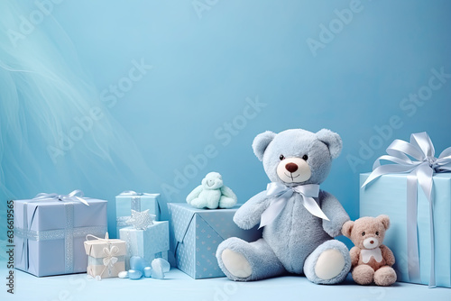 Baby Boy Concept Gifts on Pastel Blue Background for Birth and New born baby shower event