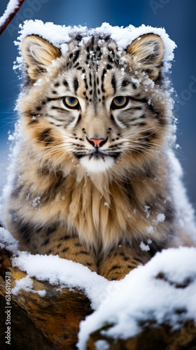Snow leopard sitting in the snow with snow on its face.