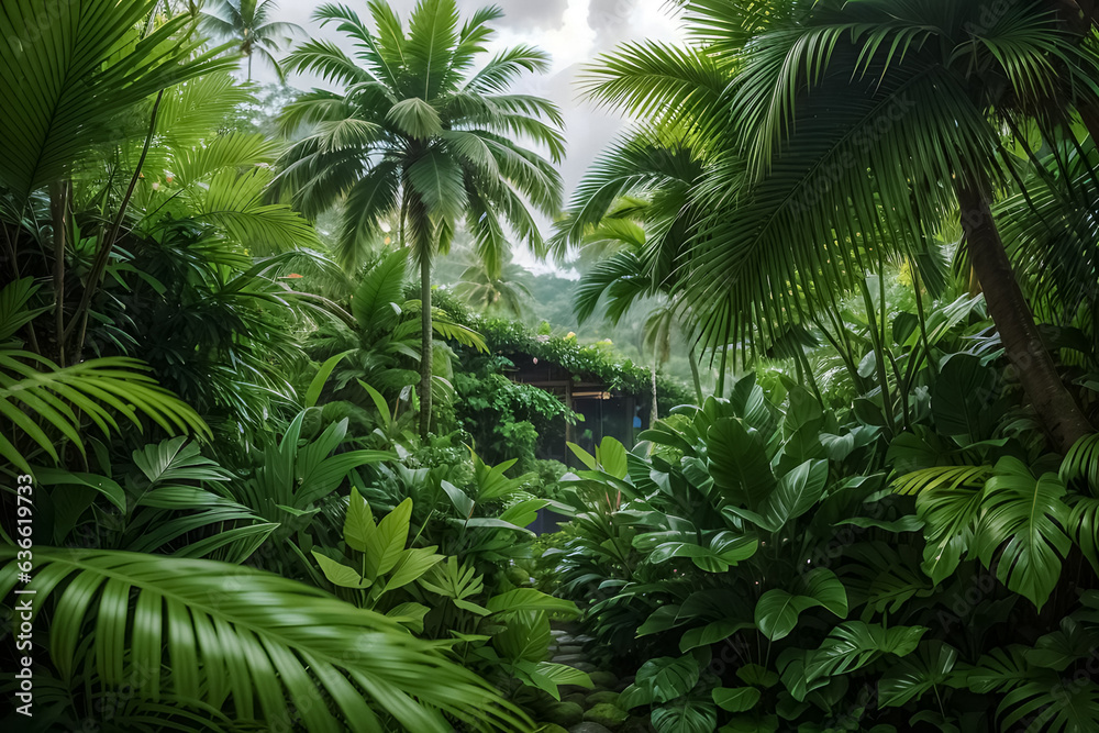 beautiful green jungle of lush palm leaves, palm trees in an exotic tropical forest, wild tropical plants nature concept for panorama wallpaper, 