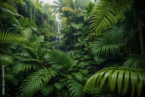 beautiful green jungle of lush palm leaves  palm trees in an exotic tropical forest  wild tropical plants nature concept for panorama wallpaper  