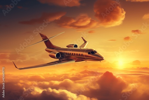 Luxury business jet plane airplane private jet during flight fast luxurious transportation success journey wealth fly flying evening sky sunset gold golden horizon sun clouds landing style stylish