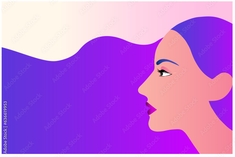 long hair woman side view face isolated vector illustration. Beauty and cosmetics design concept background