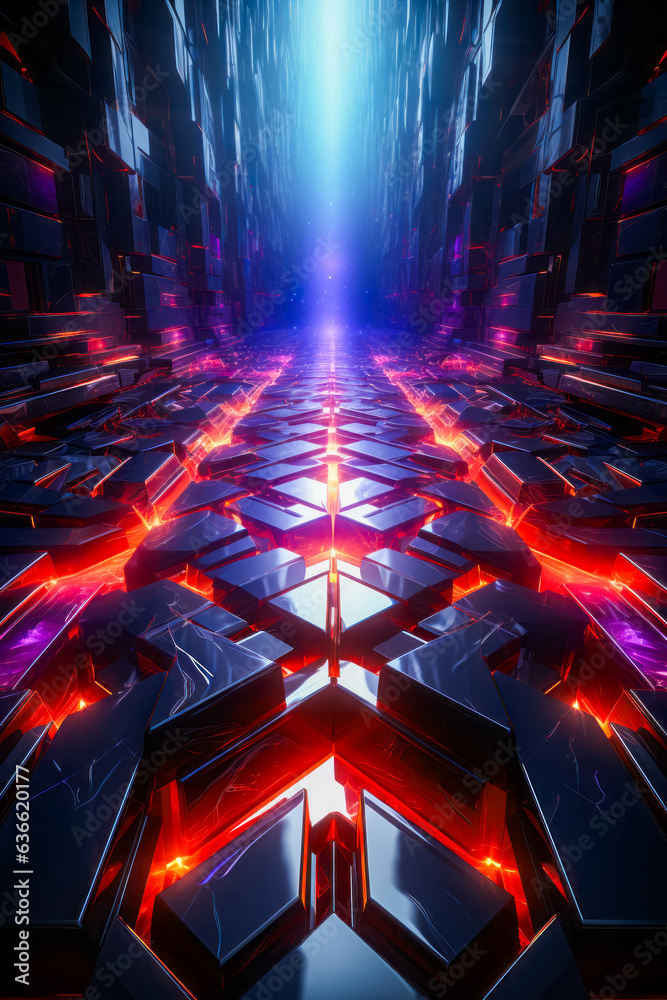 Futuristic looking hallway with red and blue lights. - obrazy, fototapety, plakaty 