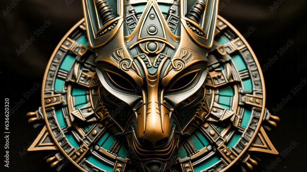 Close up of metal mask on black background.