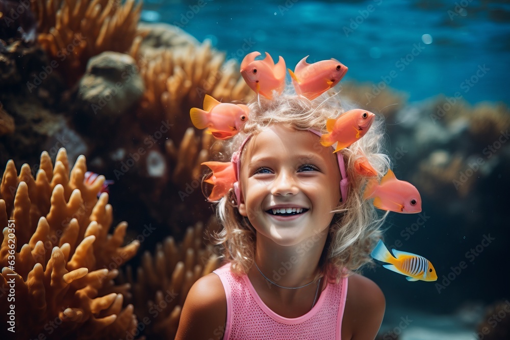 Little girl swimming underwater in coral reef with fishes. Portrait of