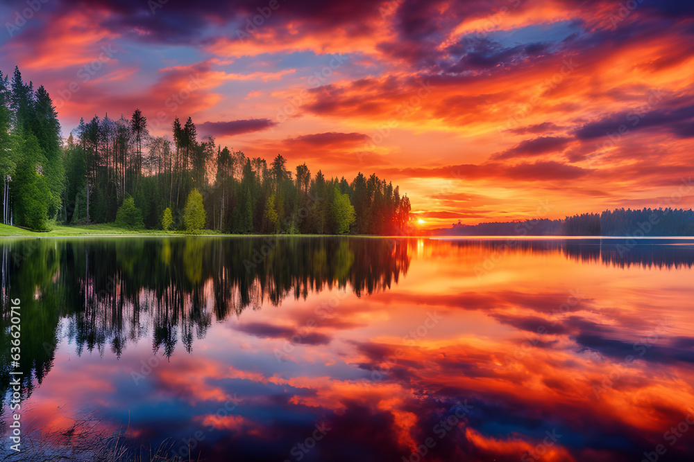 beautiful lake water reflect the sky and forest trees at sunset.