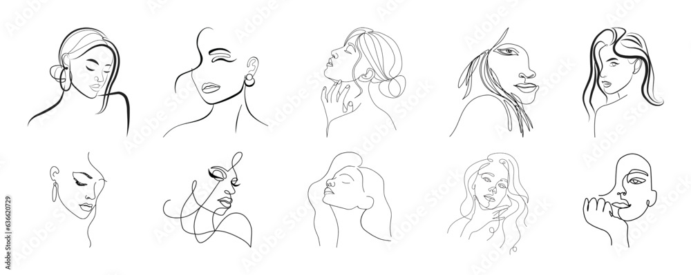 Vector logo and branding design templates in minimal style, for beauty center, fashion studio, haircut salon and cosmetics - female portrait, beautiful woman's face. Vector logo and branding design templates in minimal style, for beauty center, fashion studio, haircut salon and cosmetics - female portrait, beautiful woman's face.